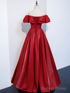 Simple  Off Shoulder Satin Long Prom Dress, Burgundy Evening Dress