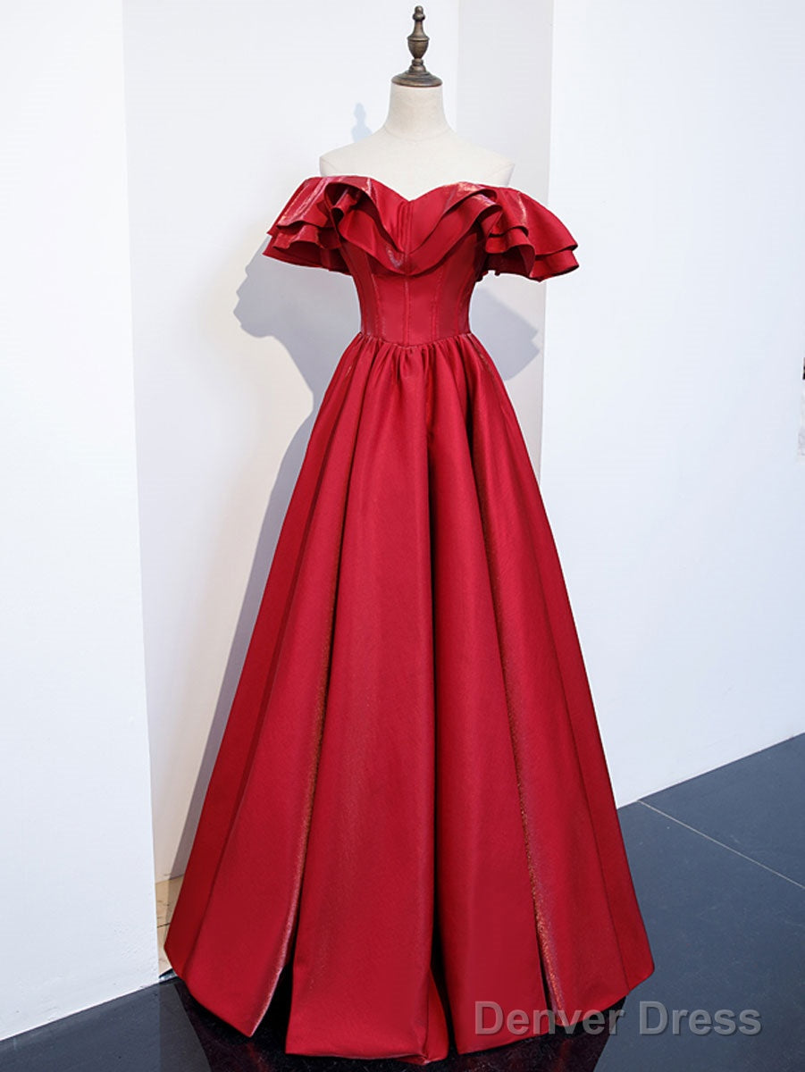 Simple  Off Shoulder Satin Long Prom Dress, Burgundy Evening Dress Main image