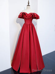 Simple  Off Shoulder Satin Long Prom Dress, Burgundy Evening Dress