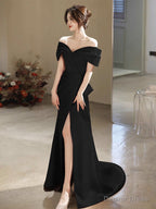 Simple Off Shoulder Satin Mermaid Black Long Prom Dress, Black Long Prom Dresses