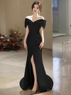 Simple Off Shoulder Satin Mermaid Black Long Prom Dress, Black Long Prom Dresses