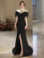 Simple Off Shoulder Satin Mermaid Black Long Prom Dress, Black Long Prom Dresses