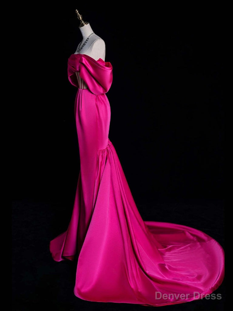 Simple Off Shoulder Satin Mermaid Rose Red Long Prom Dress, Rose Red Prom Dresses