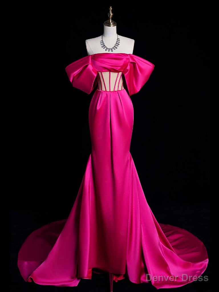 Simple Off Shoulder Satin Mermaid Rose Red Long Prom Dress, Rose Red Prom Dresses Main image