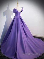 Simple Off Shoulder Satin Purple Long Prom Dresses Court Train Dresses Evening Dresses