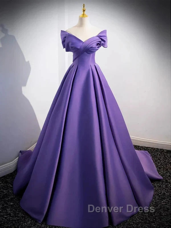 Simple Off Shoulder Satin Purple Long Prom Dresses Court Train Dresses Evening Dresses