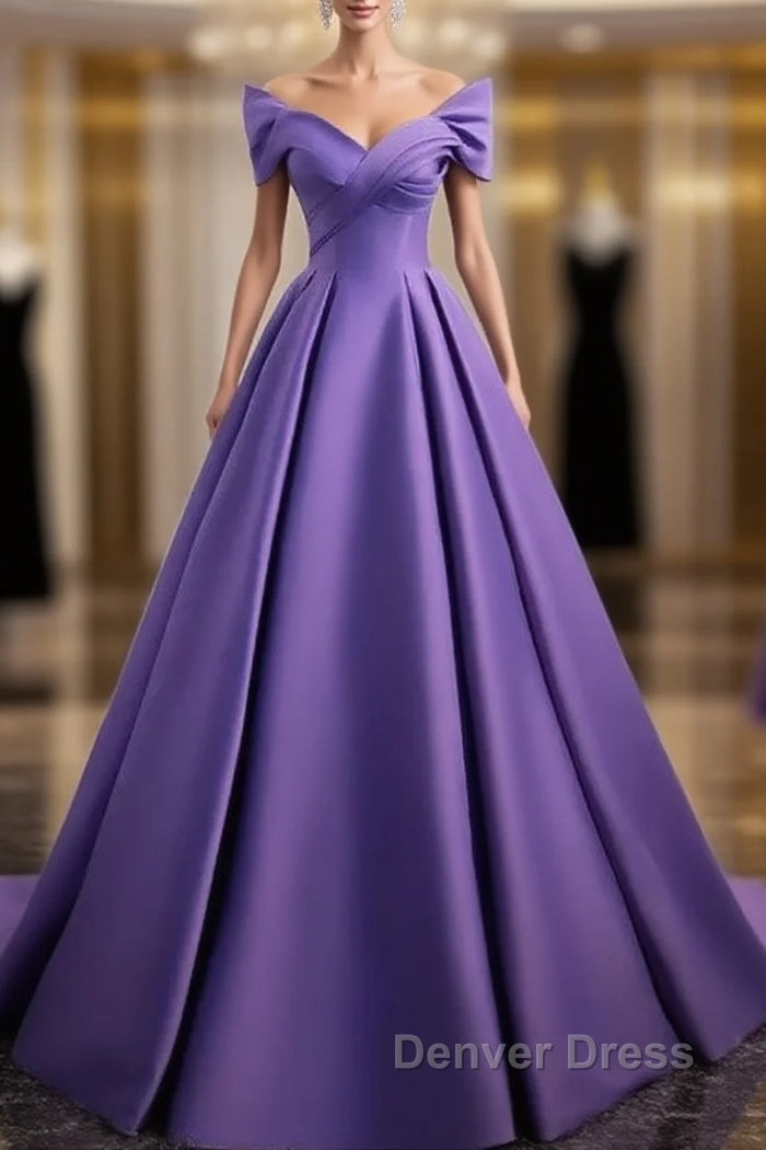 Simple Off Shoulder Satin Purple Long Prom Dresses Court Train Dresses Evening Dresses Main image