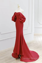 Simple Off Shoulder Satin Red Mermaid Long Prom Dresses, Red Long Formal Dresses