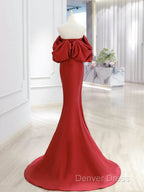 Simple Off Shoulder Satin Red Mermaid Long Prom Dresses, Red Long Formal Dresses