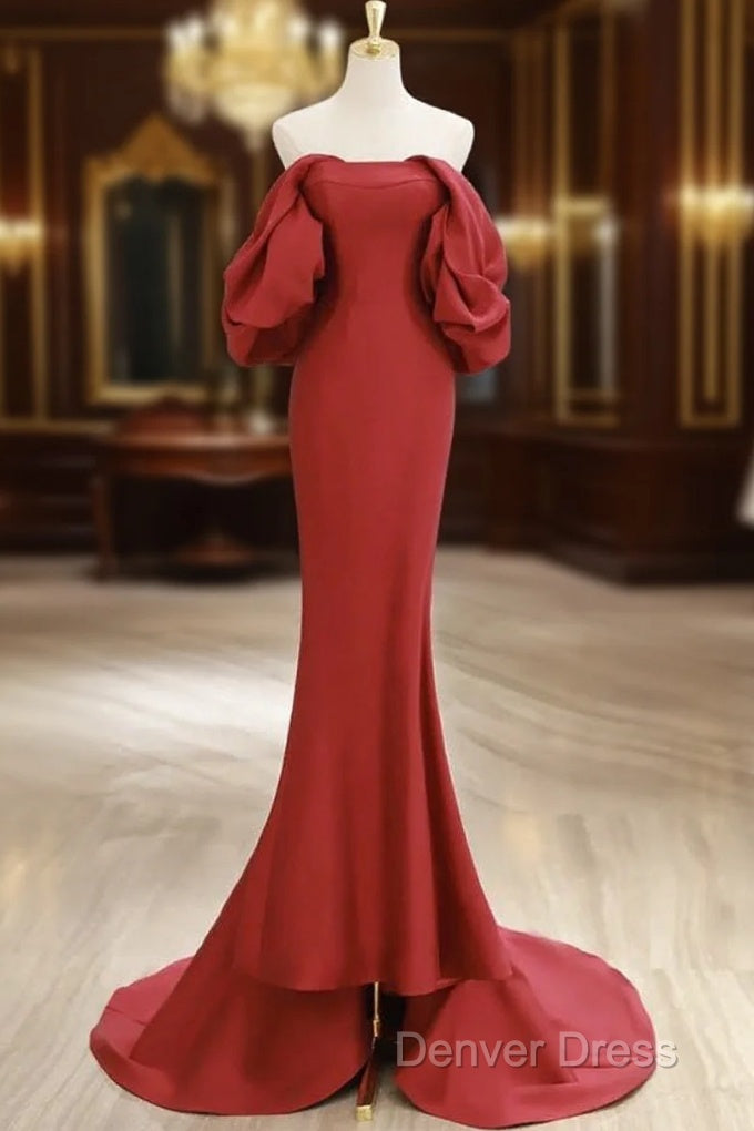 Simple Off Shoulder Satin Red Mermaid Long Prom Dresses, Red Long Formal Dresses Main image