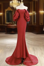 Simple Off Shoulder Satin Red Mermaid Long Prom Dresses, Red Long Formal Dresses