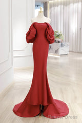 Simple Off Shoulder Satin Red Mermaid Long Prom Dress, Red Long Formal Dress