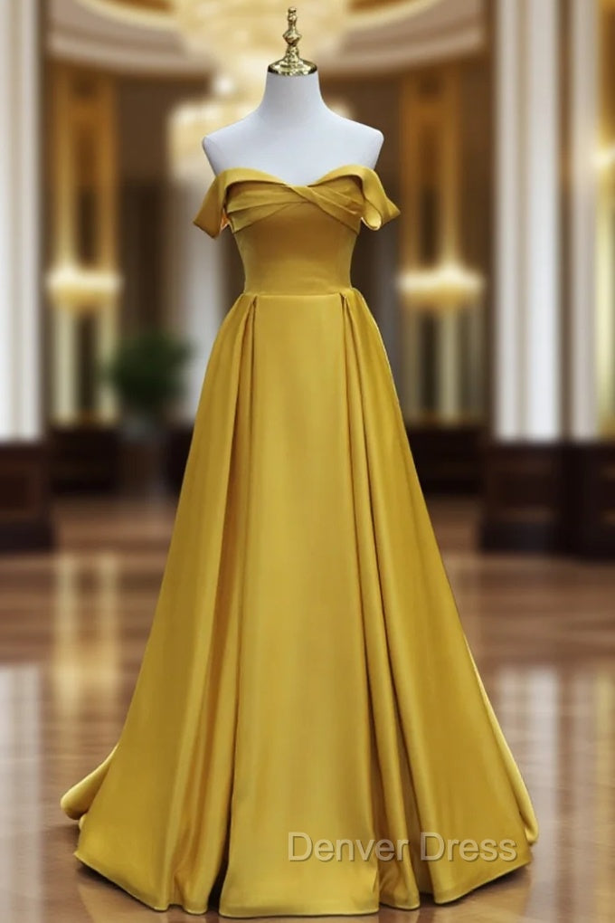 Simple Off Shoulder Satin Yellow Long Prom Dresses, Yellow Long Formal Dresses Main image