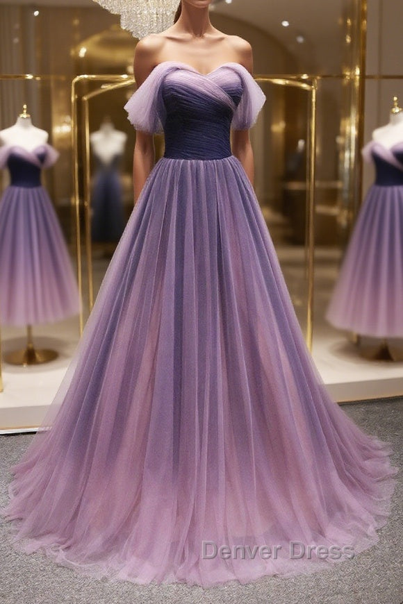 Simple off shoulder tulle long prom Dress, tulle Prom Dresses Main image