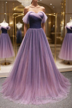 Simple off shoulder tulle long prom Dress, tulle Prom Dresses