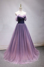 Simple off shoulder tulle long prom Dress, tulle Prom Dresses