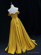 Simple Off Shoulder Yellow Satin Long Prom Dress, Yellow Prom Dresses