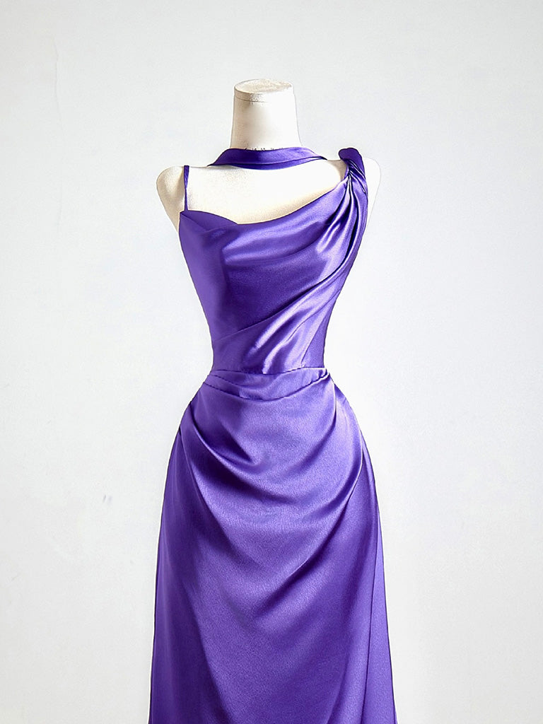 Simple One Shoulder Satin Sweep Train Purple Prom Dresses