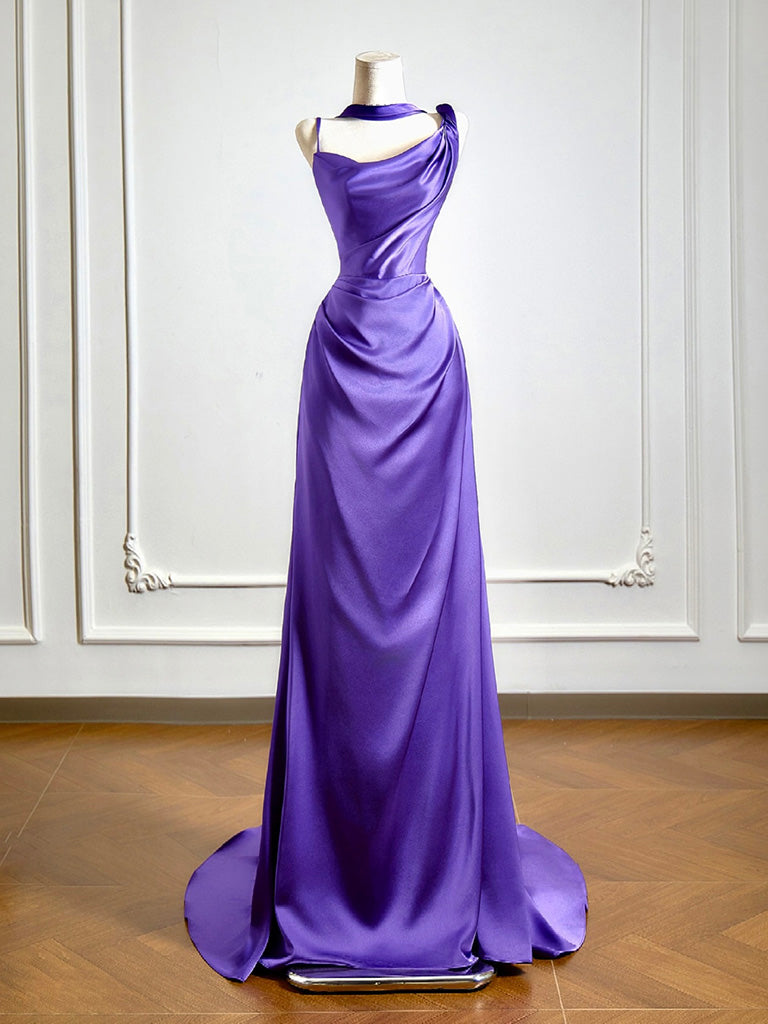 Simple One Shoulder Satin Sweep Train Purple Prom Dresses Main image