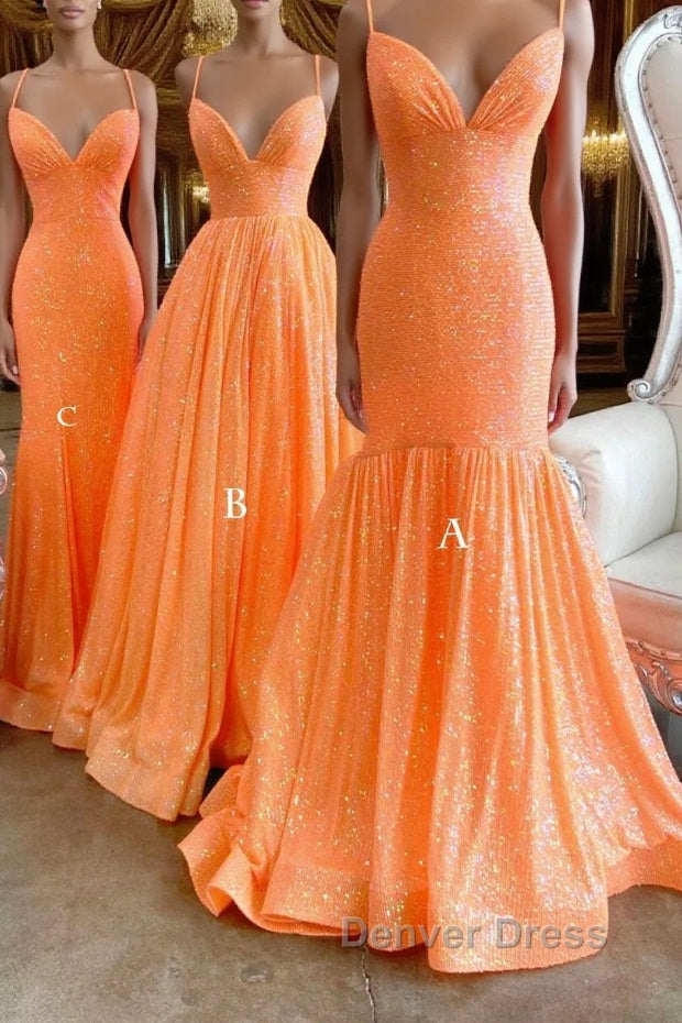 Simple Orange sequin long prom Dress orange long Prom Dresses Main image