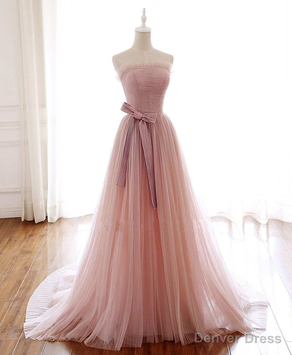 Simple Pink Fashionable Scoop Tulle Long Wedding Prom Dress with Bow, Pink Long Prom Dresses Secondary image