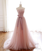 Simple Pink Fashionable Scoop Tulle Long Wedding Prom Dress with Bow, Pink Long Prom Dresses
