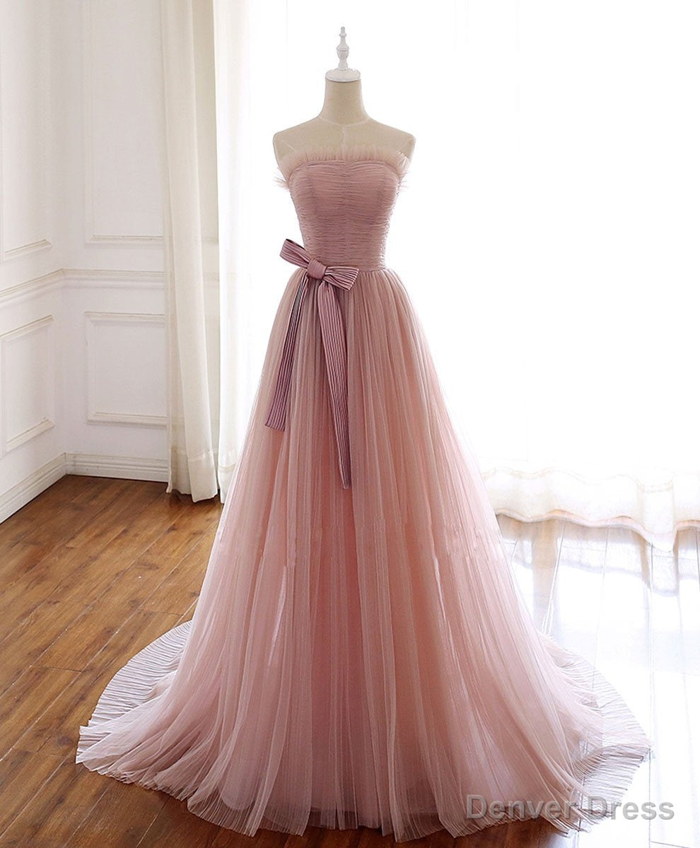 Simple Pink Fashionable Scoop Tulle Long Wedding Prom Dress with Bow, Pink Long Prom Dresses Main image