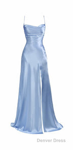 Simple Pink Spaghetti Straps Long Prom Dresses with Split