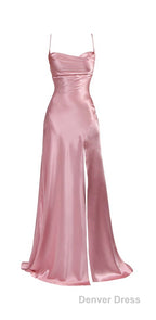 Simple Pink Spaghetti Straps Long Prom Dresses with Split