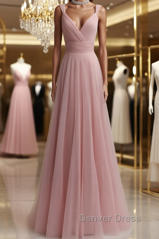 Simple pink tulle long prom Dresses pink tulle evening Dresses
