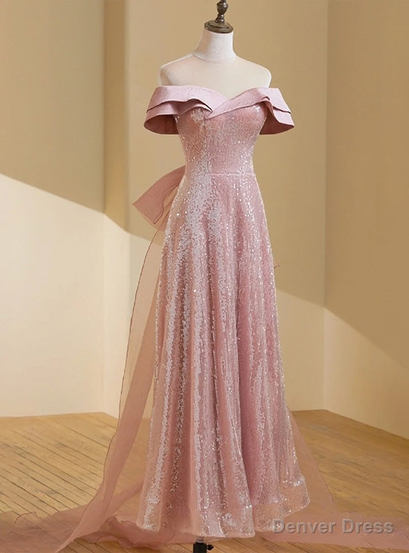 Simple Pink Tulle Sequins Off the Shoulder Prom Dresses