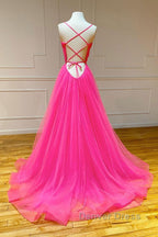 Simple pink v neck tulle long prom Dress pink Prom Dresses