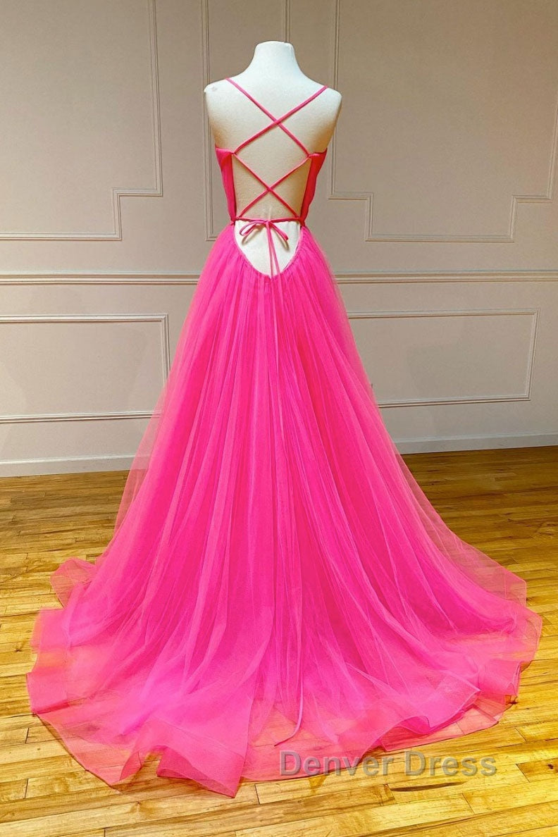 Simple pink v neck tulle long prom Dress pink Prom Dresses