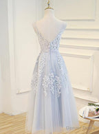 Simple Pretty Light Grey Tea Length Prom Dress, Tea Length Bridesmaid Dresses