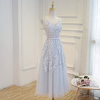 Simple Pretty Light Grey Tea Length Prom Dress, Tea Length Bridesmaid Dresses