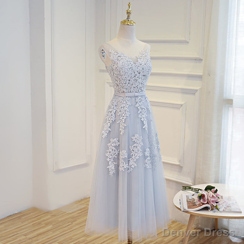 Simple Pretty Light Grey Tea Length Prom Dress, Tea Length Bridesmaid Dresses