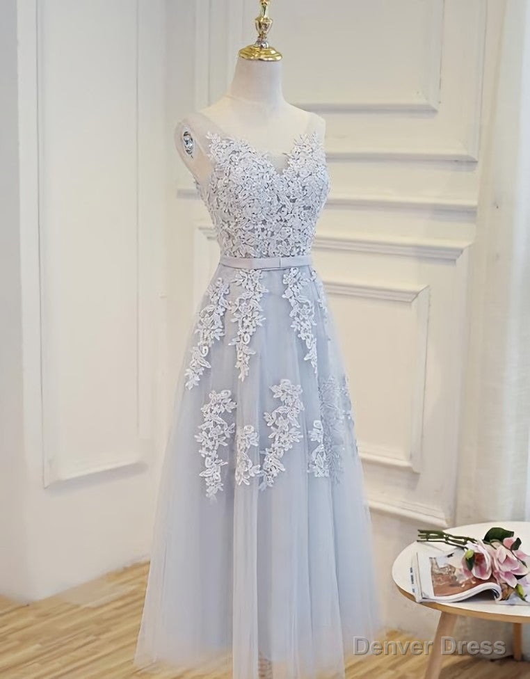 Simple Pretty Light Grey Tea Length Prom Dress, Tea Length Bridesmaid Dresses