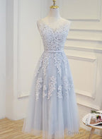 Simple Pretty Light Grey Tea Length Prom Dress, Tea Length Bridesmaid Dresses