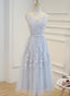 Simple Pretty Light Grey Tea Length Prom Dress, Tea Length Bridesmaid Dresses