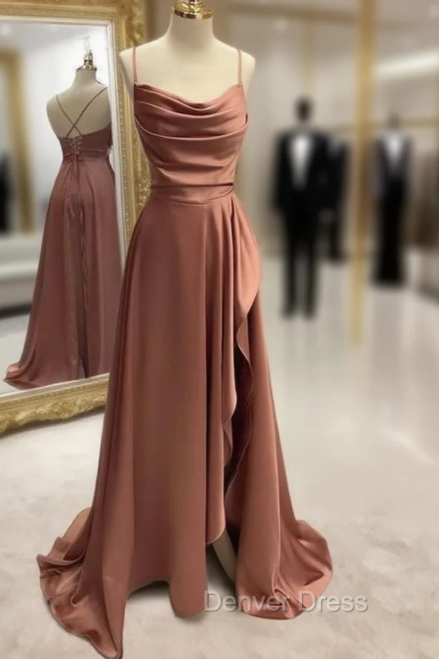 Simple Prom Dresses, A-line Bateau Spaghetti Straps Long/Floor-Length Satin Prom Dresses With Pleated Split