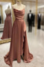 Simple Prom Dresses, A-line Bateau Spaghetti Straps Long/Floor-Length Satin Prom Dresses With Pleated Split
