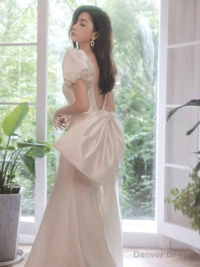 Simple Puff Sleeves Satin Mermaid White Long Prom Dress, White Long Prom Dresses