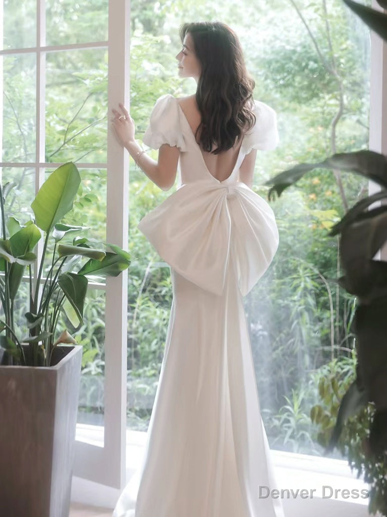 Simple Puff Sleeves Satin Mermaid White Long Prom Dress, White Long Prom Dresses