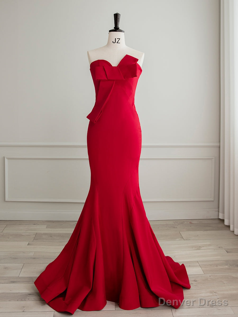 Simple Red Satin Mermaid Long Prom Dress, Red Formal Evening Dress Main image
