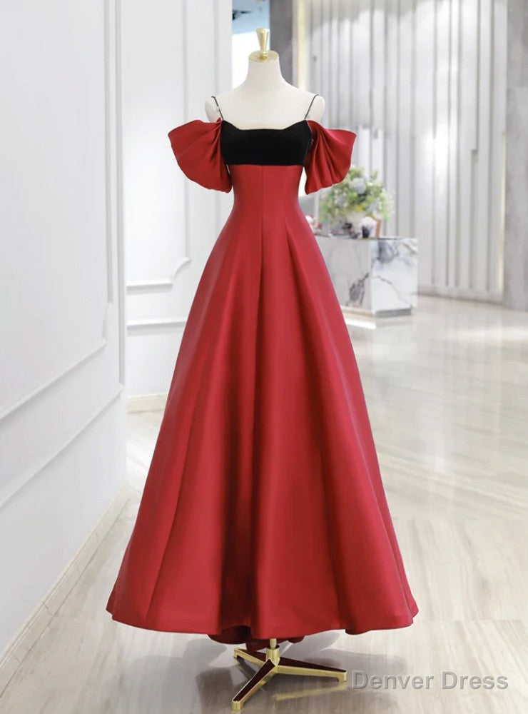 Simple Red Satin Spaghetti Straps Prom Dresses Main image
