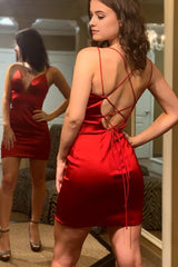 simple red tight criss cross straps homecoming dress