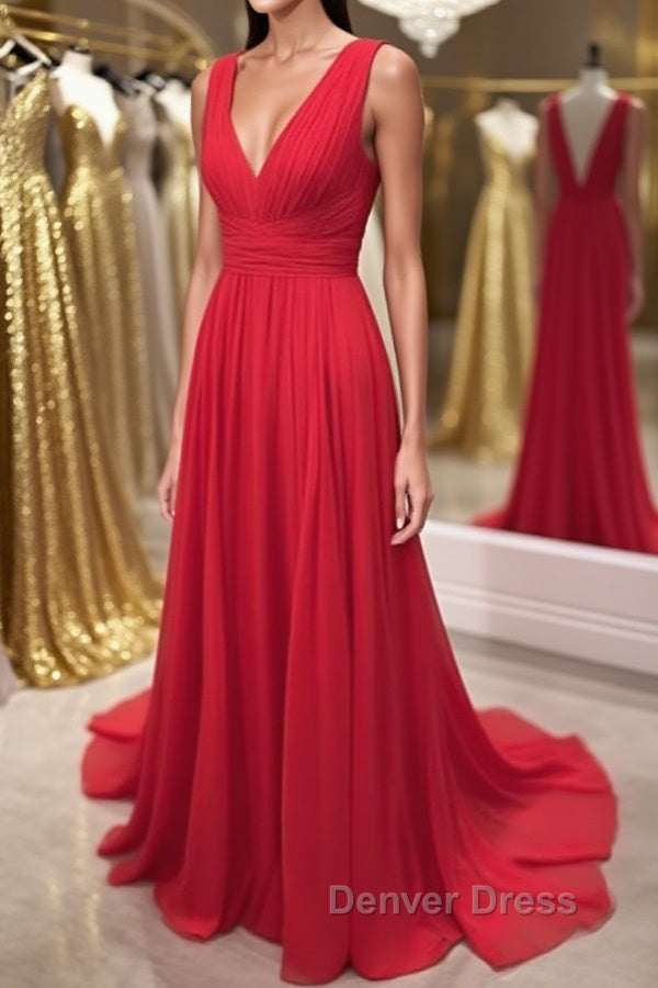 Simple Red V Neck and V Back Chiffon Long Prom Dress, V Neck Red Long Prom Dress, Red Prom Dress, Graduation Dresses Main image