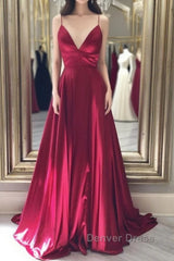 Simple red v neck satin long prom Dresses, red evening Dresses