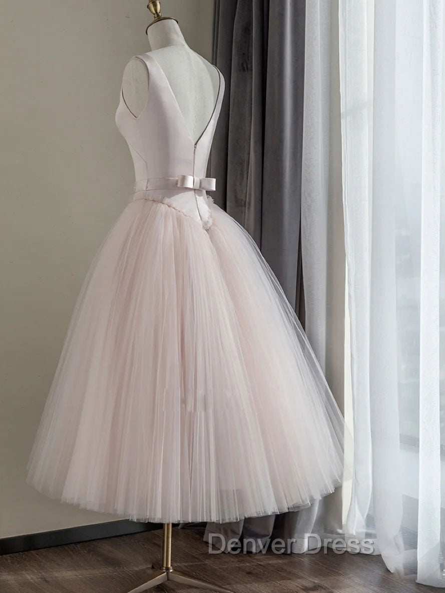 Simple Round Neck Satin Short Prom Dress, Pink Tulle Bridesmaid Dresses