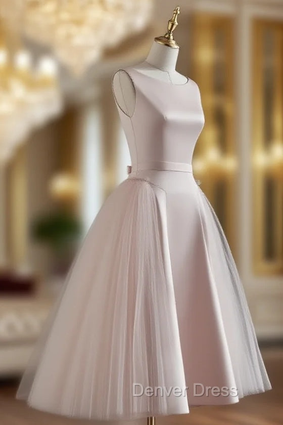 Simple Round Neck Satin Short Prom Dress, Pink Tulle Bridesmaid Dresses Main image